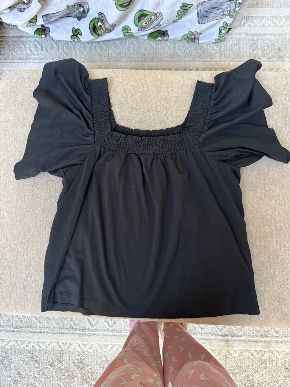 J. Crew Black Smocked Square-Neck Flutter Sleeve Top